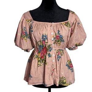 Anthropologie Love The Label Rosette Babydoll Blouse Floral Print Peasant Size M